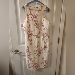 Willow Glenn Linen Blend Embroidered Dress Cream Red Floral Size 14